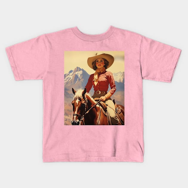 Elegance in Motion: Retro Vintage Cowgirl Horseback Design Kids T-Shirt by Iron Creek